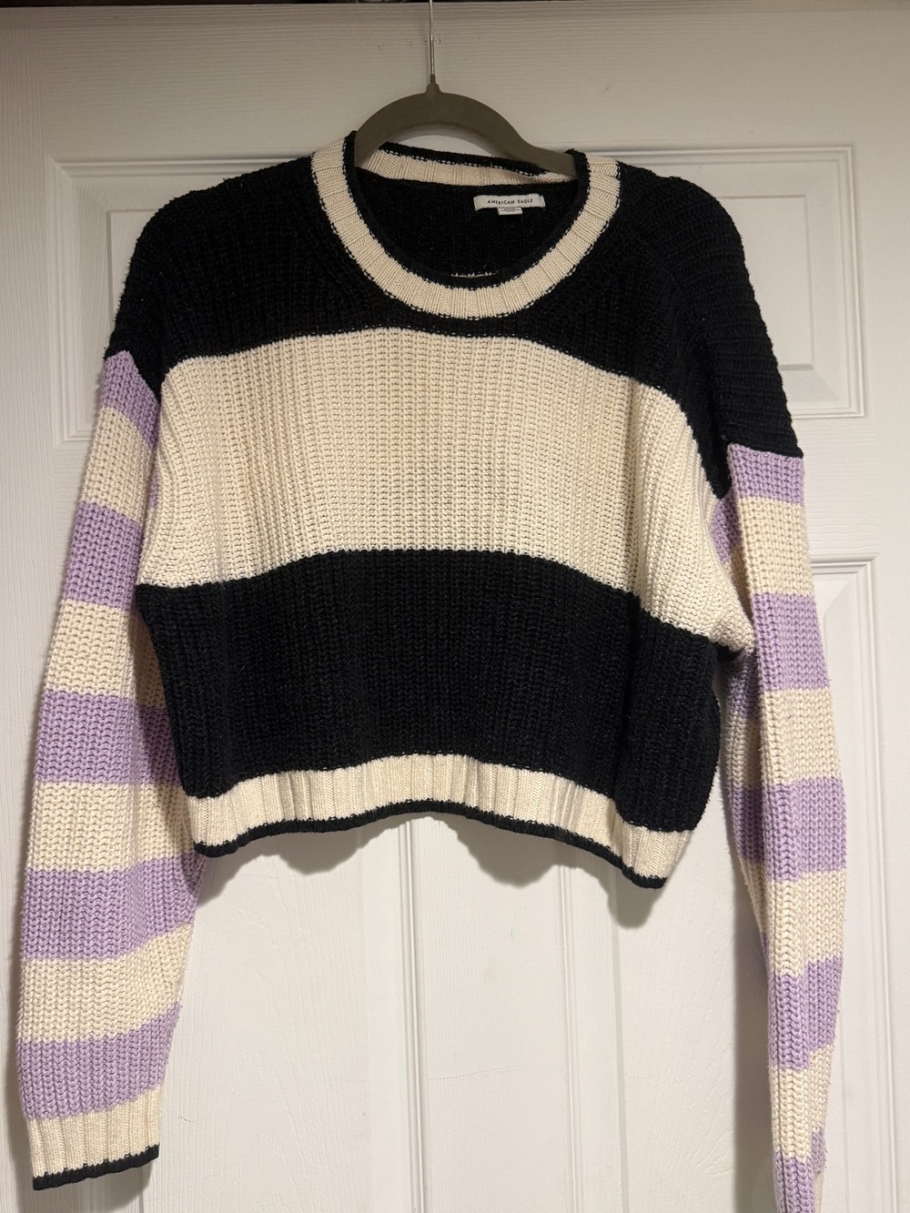 American Eagle Cropped Striped Sweater in Black, Cream & Lavender, sz S, guc